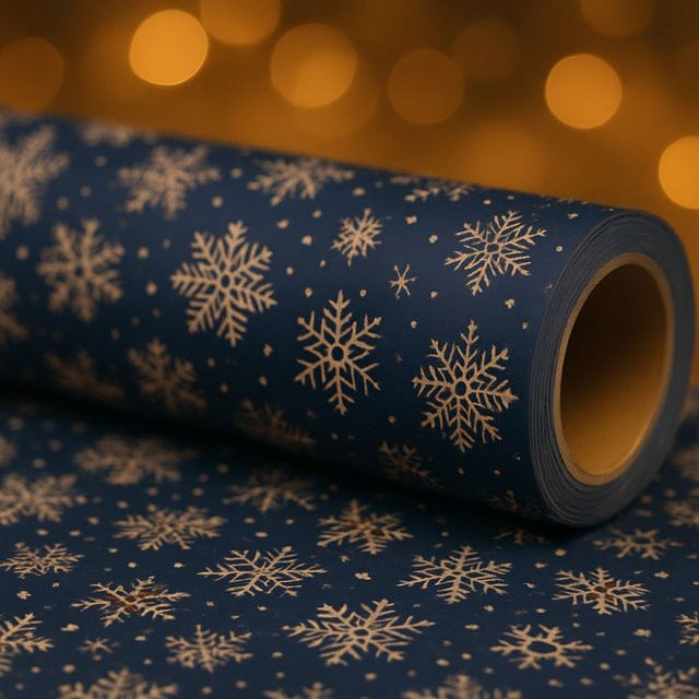 Dunkelblaue Schneeflocken Geschenkpapierrolle aus Kraftpapier mit doppelseitigem Winterdesign - Bild 1