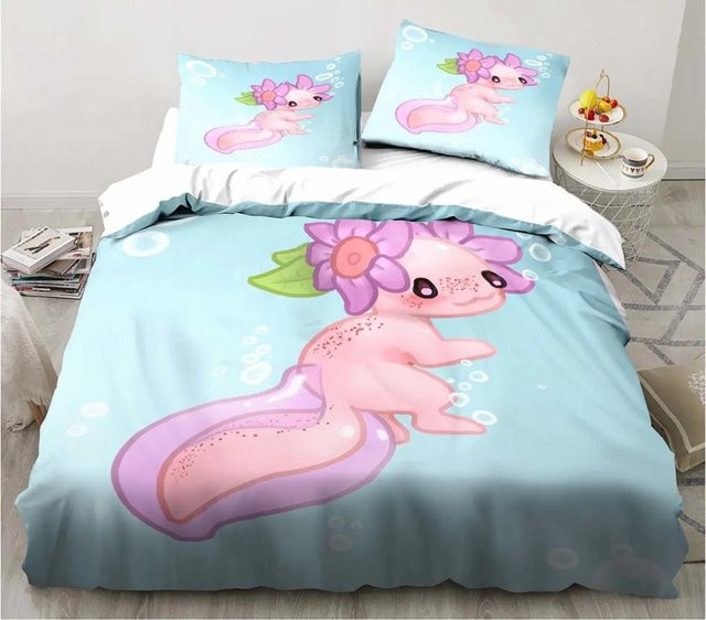 Personalisierbares Kawaii Axolotl Bettwäscheset mit Motiv für Kinder, 3-teilig, Blau, B/H: 135 x 200 cm - Bild 1