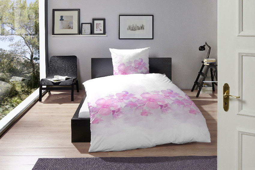 Prinz Bettwäsche Flowers 243179 aus Mako-Satin Baumwolle mit floralem Design in Pink und Weiß, B/T: 240 x 220 cm und 80 x 80 cm - Bild 1