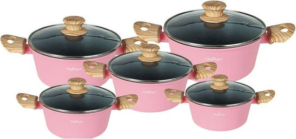 Cheffinger 10-teiliges Kochset mit Glasdeckeln in Pink, Antihaft-Marmorbeschichtung, Aluminium, Induktion geeignet
