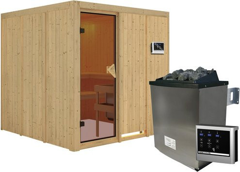 Karibu Sauna Valga aus Fichtenholz in Beige inklusive 9 kW Saunaofen mit externer Steuerung für 4 Personen, B/T/H: 196 x 198 x 196 cm - Bild 1