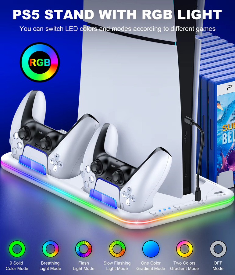 BEBONCOOL Kühlständer und Gamepad-Ladestation für PS5 Pro, PS5 und PS5 Slim in Weiß mit CD-Aufbewahrungsregal - Bild 3