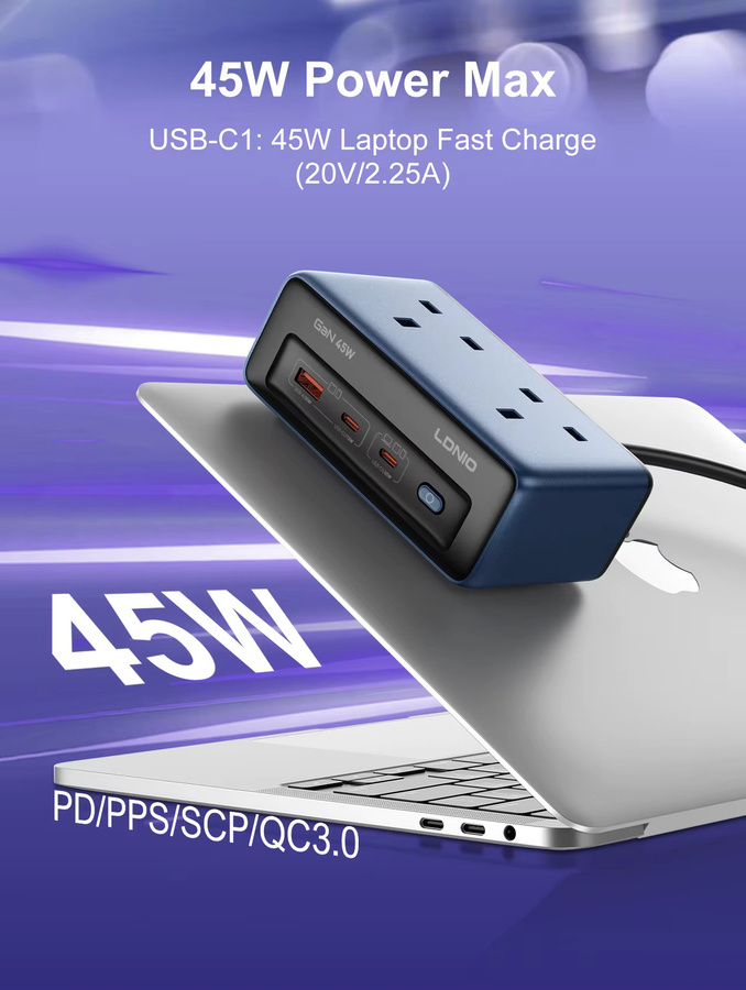 LDNIO 5-in-1 Steckdosenleiste mit Überspannungsschutz, 2 AC UK Steckdosen, 3 USB und 1 USB-C Port, 2 m Verlängerungskabel, Blau - Bild 3