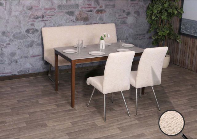 MCW Esszimmer-Set G55 mit 2 Stühlen und einer Sitzbank in Creme, Stoff Chenille und gebürstetem Edelstahl, Breite: 160 cm - Bild 1