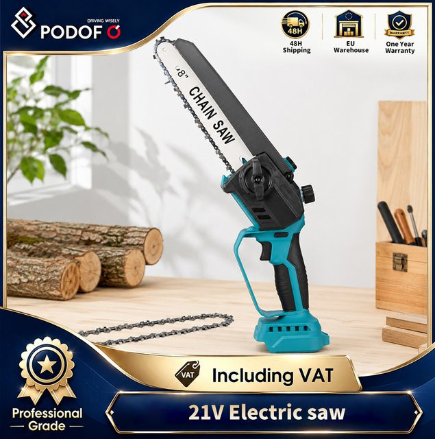 Podofo Elektrische Mini-Kettensäge 8 Zoll Kabellose Astsäge für die Holzbearbeitung im Garten ohne Akku - Bild 1