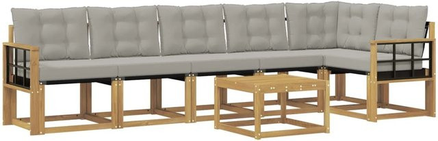 vidaXL Outdoor-Sofagarnitur 7-teilig in L-Form aus Akazienholz und Textilene mit Kissen, Weiß-Hellgrau - Bild 1