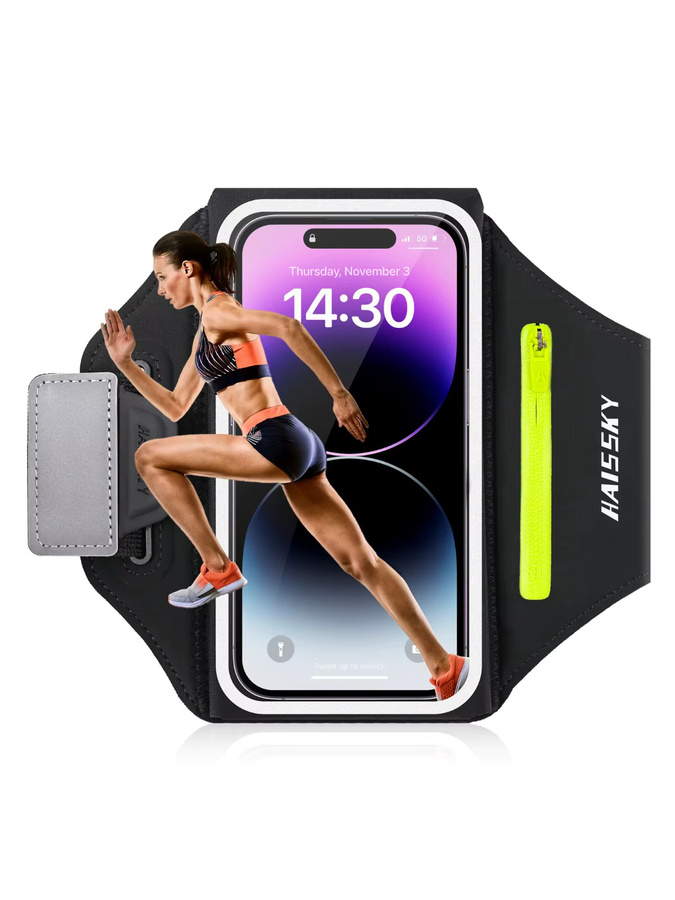 Haissky Lauf-Sportarmband mit Reißverschlusstasche und Touchscreen-Funktion für iPhone 17 16 15 14 13 Pro Max Air Plus, Farben: Grau und Schwarz - Bild 7