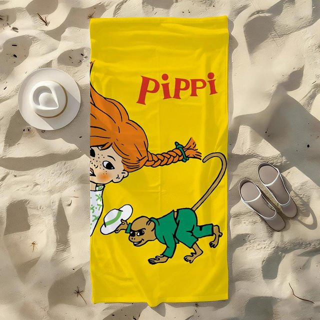 Ka Chen Mutong Pippi Langstrumpf Handtuch aus Mikrofaser, schnelltrocknend und weich, Weiß/Gelb, B: 70 cm, H: 140 cm - Bild 1