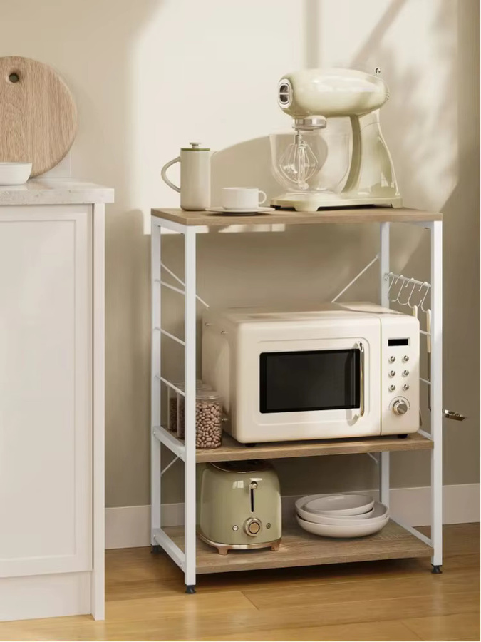 WOLTU Küchenregal als freistehender Mikrowellenhalter mit 3 Ablagen in Vintage-Optik, Aufbewahrungsorganisator für Küche und Wohnzimmer, Braun/Weiß - Bild 4