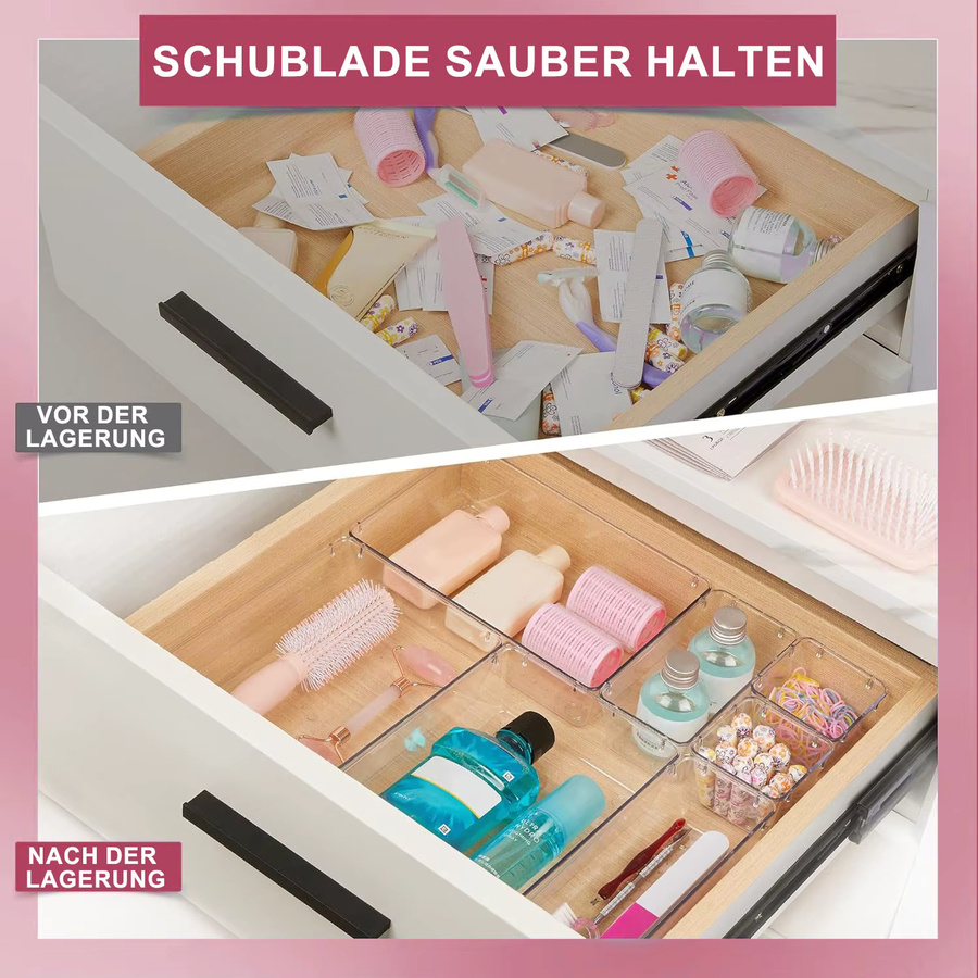 16-teiliger Schubladen-Organizer aus transparentem PET-Kunststoff in 5 Größen, stapelbare Schalen mit Bodenriffelung für Büro, Kosmetik und Küche - Bild 2