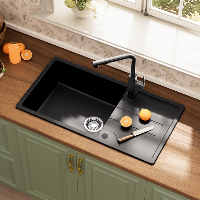 CECIPA max Küchenspülbecken aus Granit-Verbundwerkstoff in Schwarz, 1-Fach-Unterbau-Spülbecken mit Abtropffläche, Breite: 86 cm, Tiefe: 45 cm - Bild 1