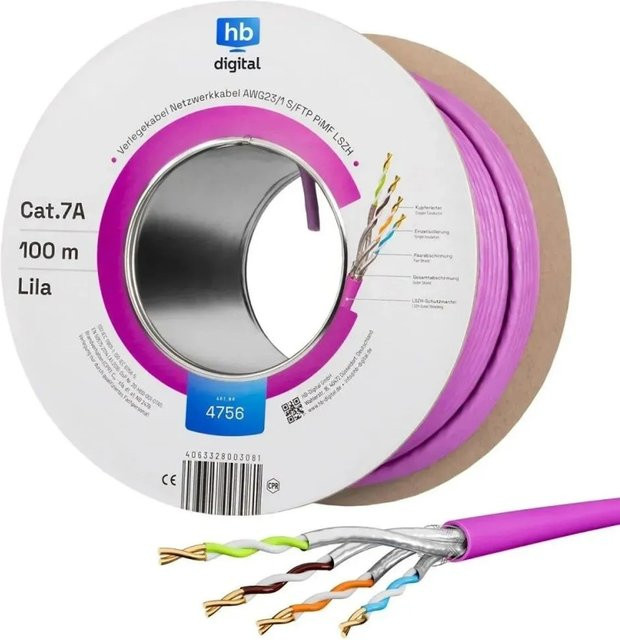 hb-digital Netzwerkkabel CAT 7a Verlegekabel S/FTP AWG23 LSZH, 100 m, Lila - Bild 1