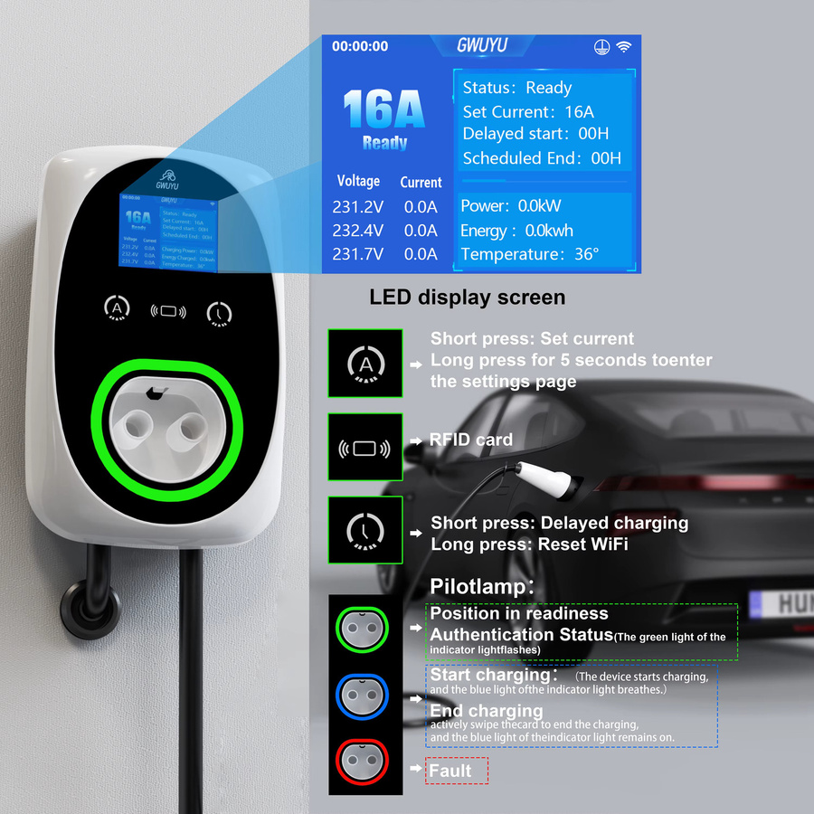 GWUYU Wandmontierte EV Wallbox Ladestation Typ2 mit 5m Kabel, 11kW 16A oder 22kW 32A, APP-Steuerung und LCD-Display, IP65 Wasserdicht, Farbe: Weiß - Bild 3