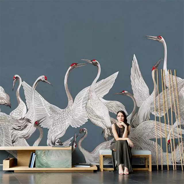 Japanische 3D-Luxus-Wandtapete mit rotem Kranich in orientalischem Design für dein Wohnzimmer oder den TV-Hintergrund, Farbe: Rot - Bild 1