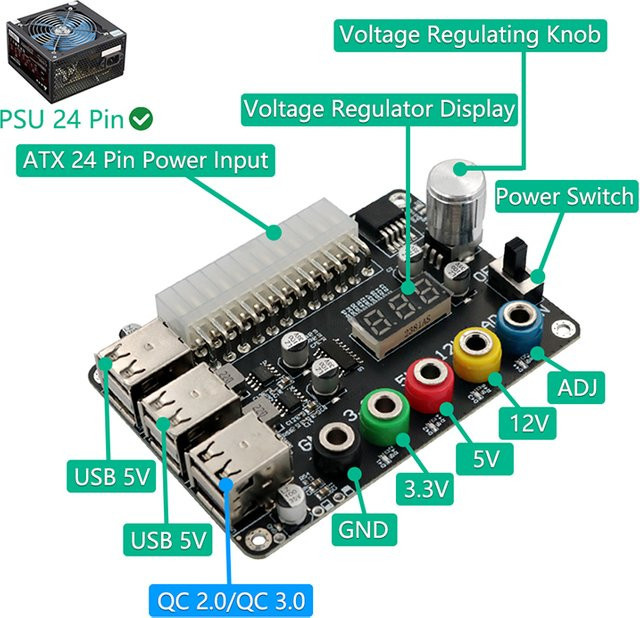 24-poliger ATX-Netzteil-Breakout-Board Adapter mit einstellbarem Spannungsknopf, 6 USB 2.0 Ports, unterstützt QC 2.0 und QC 3.0, Schwarz - Bild 1
