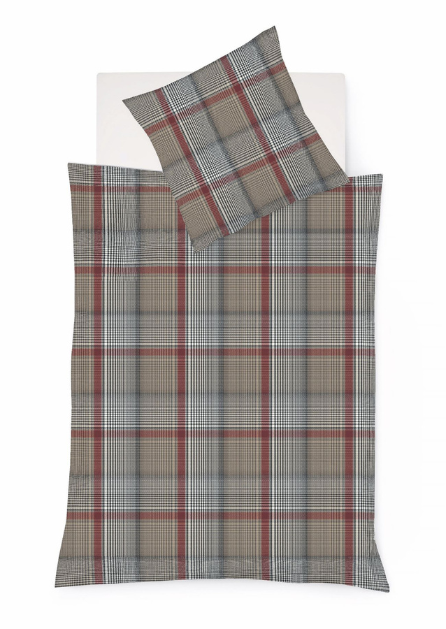 Fleuresse Lech Edelflanell Bettwäsche Karo Beige Rot Grau, B/H: 135 x 200 cm mit Kissenbezug 80 x 80 cm - Bild 1