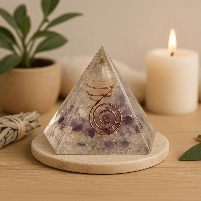 Orgonit-Pyramide von SHAMTAM mit Kristallen, Kupfer und Harz in Violett und Transparent, Höhe: 5,5 cm - Bild 1