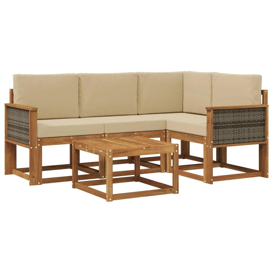 vidaXL Outdoor-Sofagarnitur L-Form aus Akazienholz mit 5 Kissen in Natur und Beige - Bild 2