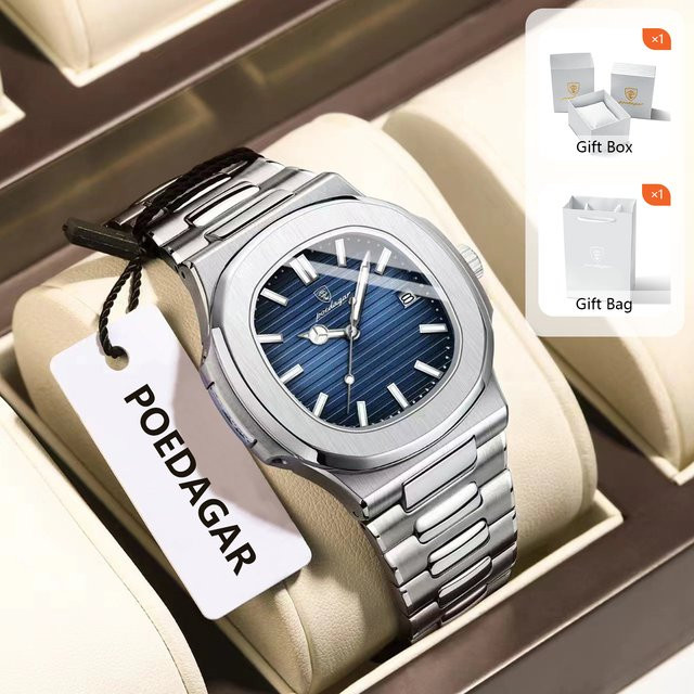 POEDAGAR Armbanduhr Quarz, Edelstahl, Blau, Schwarz, Herren, Datum - Bild 1