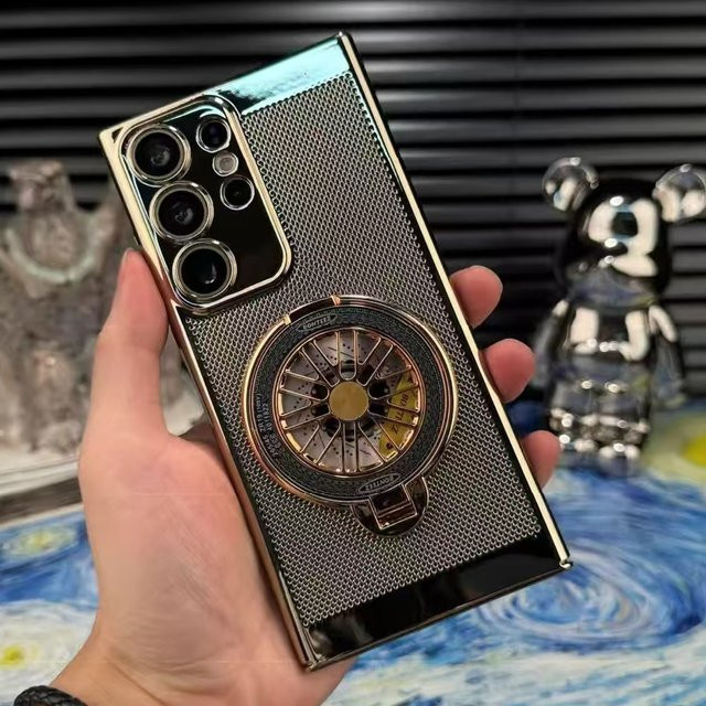 Ultradünne galvanisierte Handyhülle für Samsung S21 bis S26 Ultra mit Wabenstruktur zur Wärmeableitung und Gyro-Ring-Ständer in Silver oder Gold - Bild 1