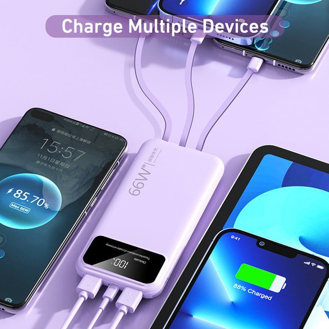 Tragbare Digitale Powerbank mit 30000 mAh und 4 integrierten Kabeln, 66 W Super Schnellladefunktion, Farbe: Lila, kompatibel mit Xiaomi, iPhone und Samsung - Bild 1