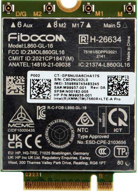 HP Intel XMM 7560 R+ Drahtloses Mobilfunkmodem 4G LTE Advanced Pro M.2 Card mit GPS für EliteBook 64X G10, 65X G10, 83X G10, 84X G10, 86X G10 7P993AA Schwarz - Bild 1