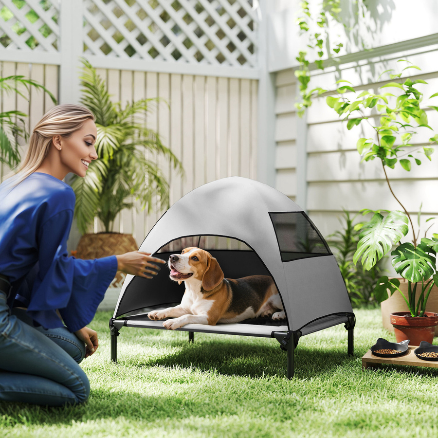 PawHut Hundeliege Outdoor mit Dach und erhöhtem Boden, hellgraues Hundebett für mittelgroße Hunde aus Metall und Texteline-Netz, B/T/H: 76 x 61 x 71 cm - Bild 2
