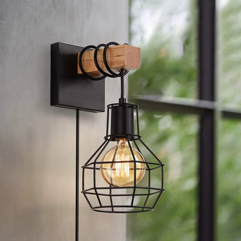 JOYINLED Wandleuchte Moderne Retro Nachttischlampe im Käfig-Design Schwarz mit Holzsockel WL0334 - Bild 5