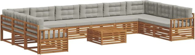 vidaXL Sofagarnitur aus Massivholz Akazie in Natur und Hellgrau, 11-teiliges Lounge-Set in U-Form mit Tisch, Bänken, Sitzkissen und Rückenkissen - Bild 1