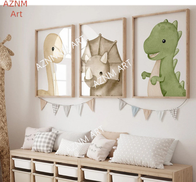 Dinosaurier-Wandkunst Poster Set für das Kinderzimmer mit neutralem Dino-Tierprint im skandinavischen Stil von AZNM - Bild 1