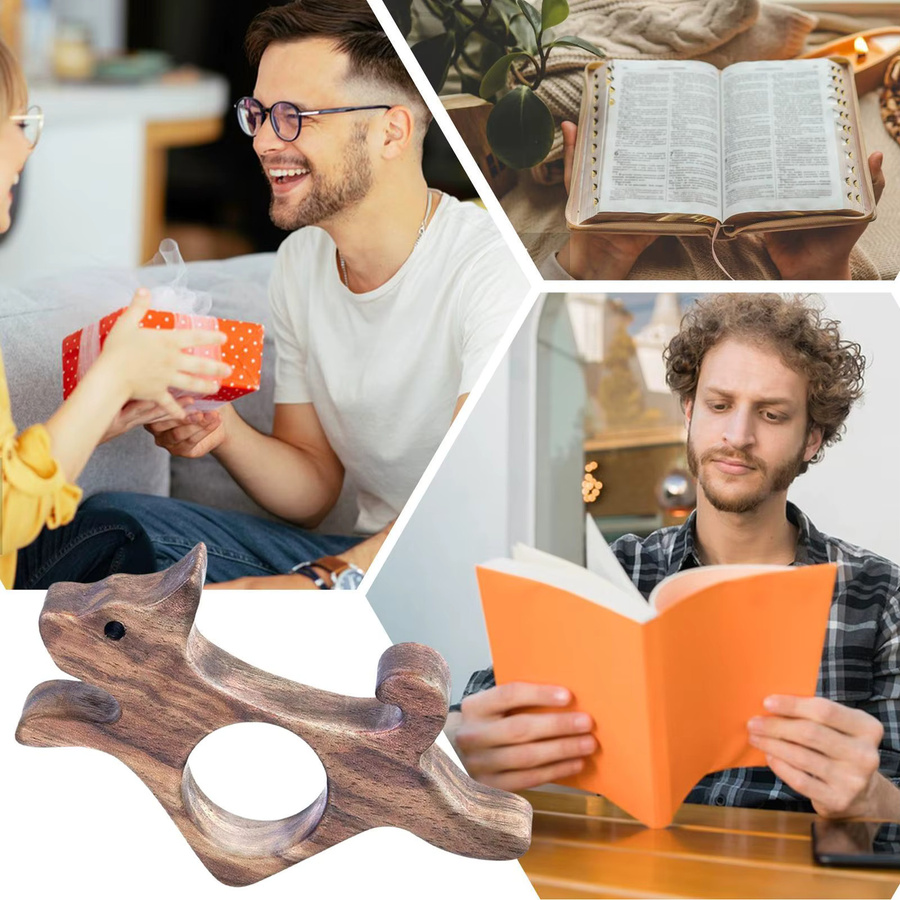 Hundförmiger Daumen-Buchseitenhalter aus Holz in Braun als freihändige Lesehilfe und niedliches Lesezeichen - Bild 4