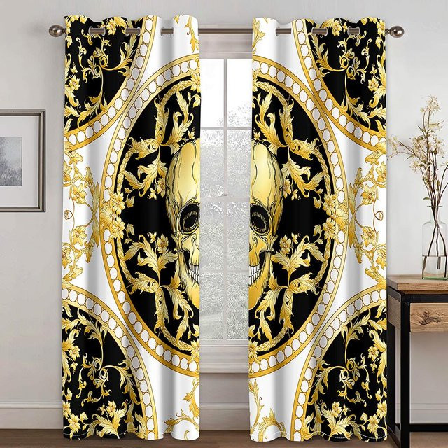 Yiran Furniture Totenkopf Vorhang Set mit 3D-Druck in Schwarz Gold und Lichtgrau, 2 Stück, semi-transparent, Höhe: 130 cm, Breite: 100 cm - Bild 1