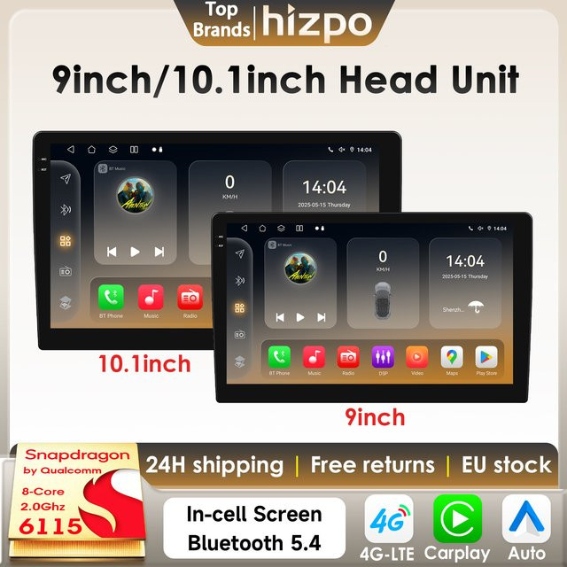 Hizpo Universal-Autoradio 2Din mit 10,1 Zoll Display Android 14, Qualcomm Snapdragon 6115, 4G-LTE, WIFI, Bluetooth, DSP, RDS, SWC und Carplay in Schwarz - Bild 1