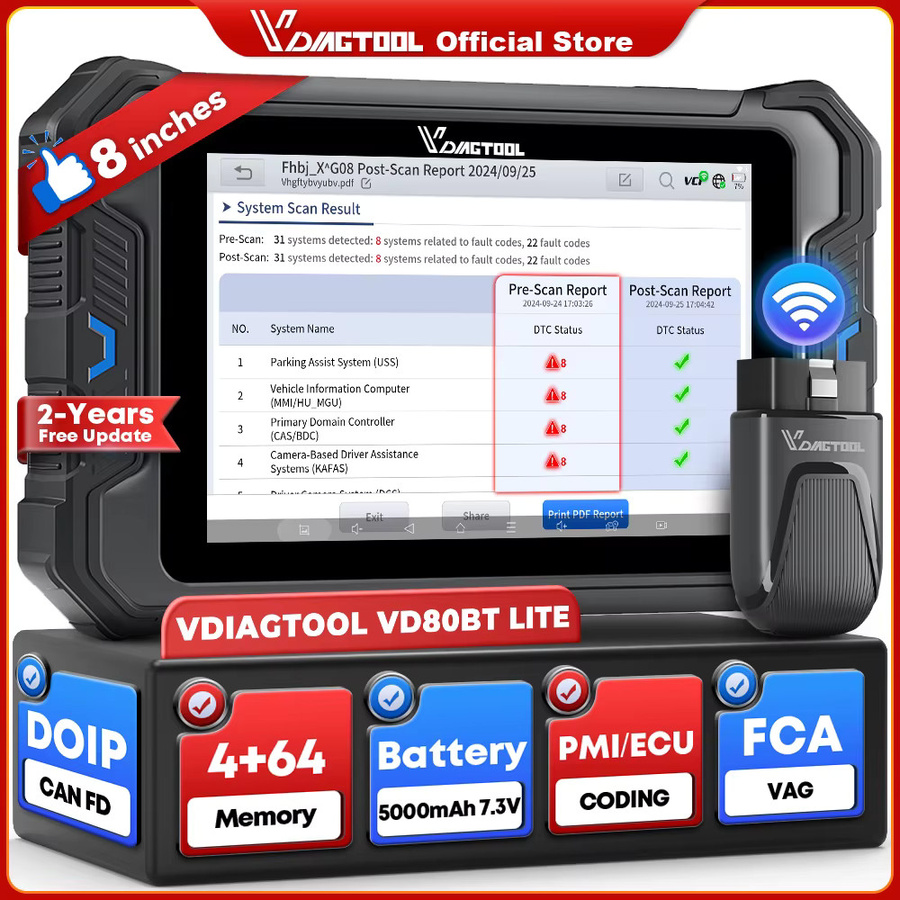 VDIAGTOOL VD80BT LITE 8 Zoll Auto-Diagnosegerät in Schwarz mit bidirektionalem OBD2-Scanner, ECU-Codierung und 28 Reset-Funktionen für FCA, CAN FD und DOIP - Bild 6