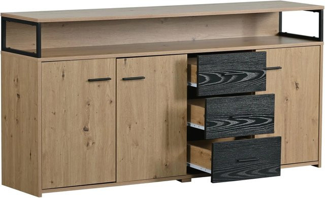 okwish Sideboard mit Türen und Schubladen für Büro und Wohnzimmer, Natur, B/T/H: 150 x 35 x 75,9 cm - Bild 1