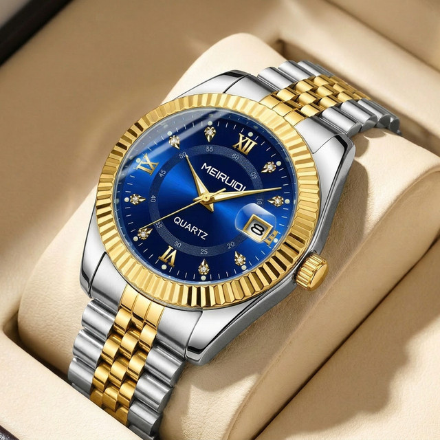 MEIRUIQI Armbanduhr, Quarz, Edelstahl, Bicolor, blaues Zifferblatt, Herren - Bild 1