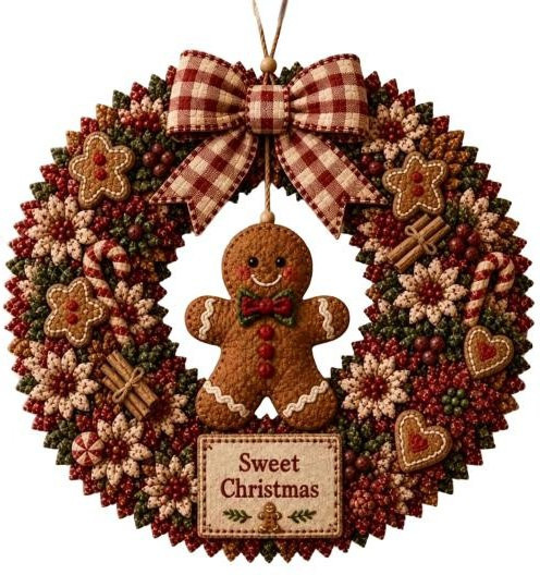 Xunyuan DIY Stoffkranz 3D Poke Art Set für Erwachsene, Weihnachtlicher Textil Wandbehang in Mehrfarbig, Design Weihnachtsmann und Schneemann, Durchmesser: 30 cm - Bild 1