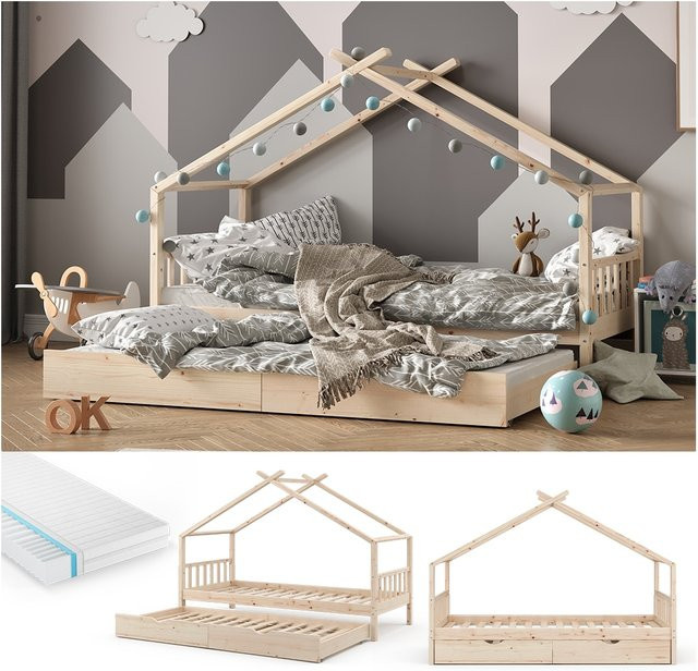 VITALISPA Kinderbett Design Hausbett aus Massivholz in Braun inklusive Lattenrost und Matratze, B/T/H: 90 x 200 cm - Bild 1