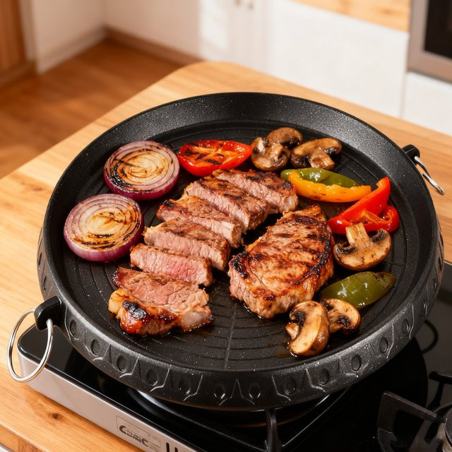 KOSUN Koreanische Grillpfanne mit Steinbeschichtung, antihaftbeschichtet, Schwarz, für Gas und Induktion - Bild 1