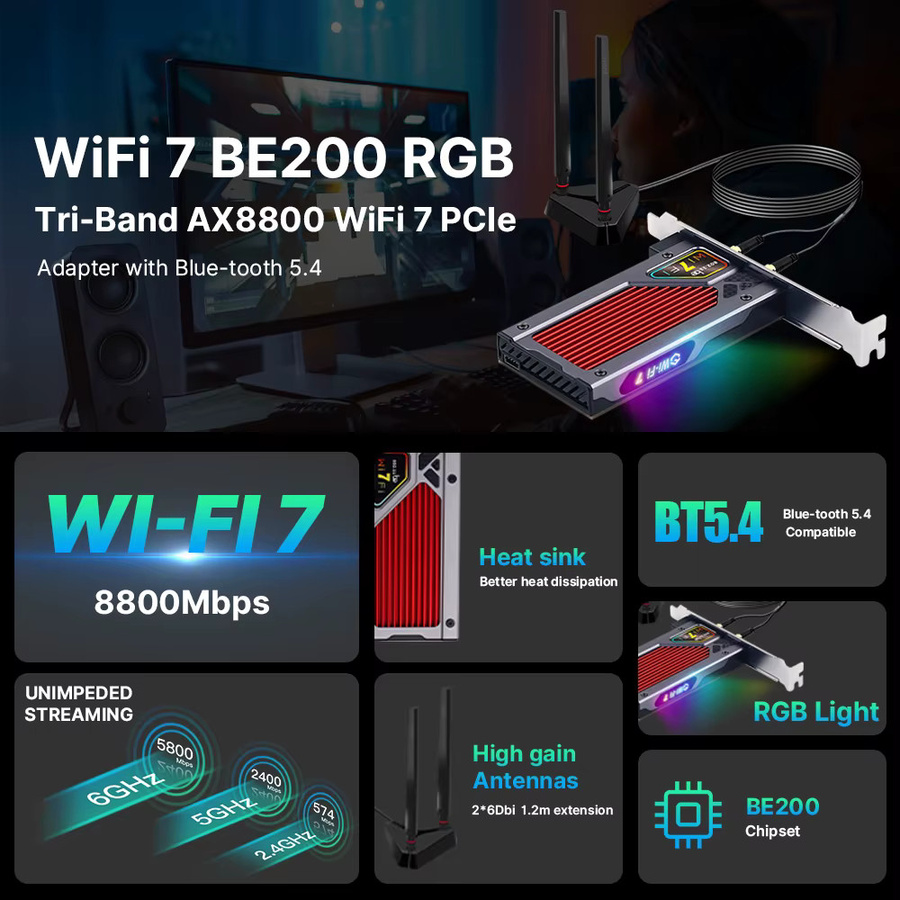 FENVI WIFI 7 FV-BE8800RGB PCIe Wireless WLAN Karte mit Bluetooth 5.4, Tri-Band 2,4G/5G/6GHz, 8774 Mbit/s, BE200NGW für Windows 10/11 - Bild 2
