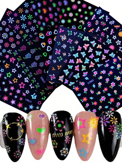 MAGT Nagelkunstaufkleber, Neon, Glänzend, Schmetterling, Herz, Blume - Bild 1