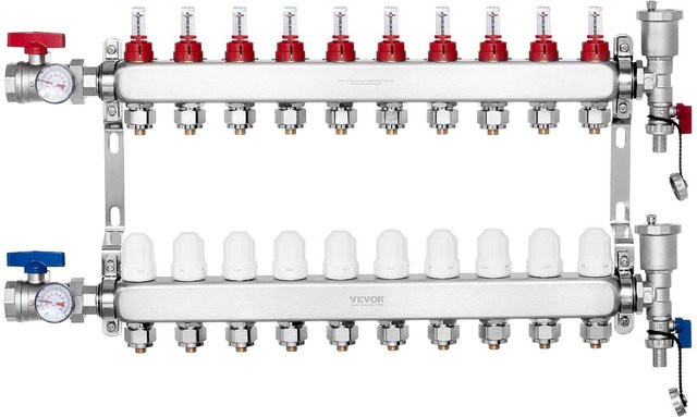 Buying Solutions, MB Fußbodenheizungsverteiler-Set aus Edelstahl in Silber mit 10-fach Strahlungsheizungsverteiler und 1,27 cm PEX-Rohr - Bild 1