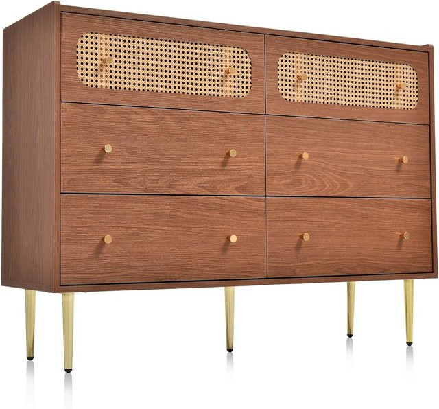 Merax Rattan Sideboard im Mid-Century Design mit 6 Schubladen, Farbe Braun, B/T/H: 120 x 40 x 90 cm - Bild 1