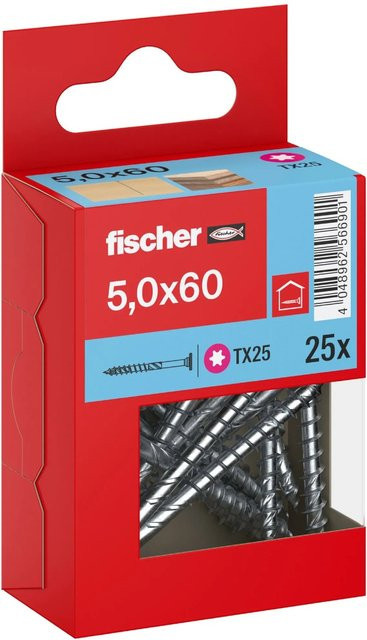 Fischer Holzbauschraube mit Stufensenkkopf und Torx-Antrieb, Teilgewinde, Ø 5 mm, Länge 60 mm, 25 Stück - Bild 1