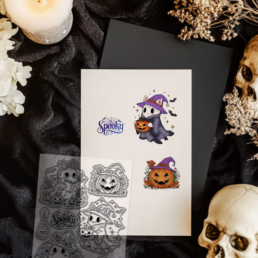 Transparenter Halloween Stempel mit Geisterkatzen und Kürbissen für die Kartenherstellung - Bild 2