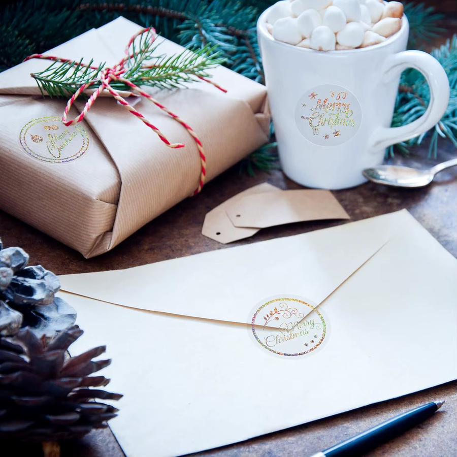 500 Stück Frohe Weihnachten Aufkleber von TYFYO mit Schneeflockenelementen, Durchmesser: 2,5 cm, Mehrfarbig - Bild 4