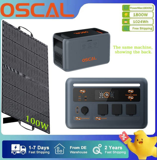 OSCAL PowerMax1800SE Energiespeicher-Kraftwerk mit 1024Wh, 1800W und 100W Solarmodulen, Camping-Mobilbatterie mit LFP-Batterie und reiner Sinuswelle, Farbe: Grau - Bild 1
