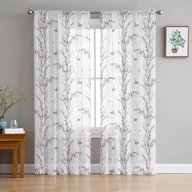 Transparente Voile Tüll Vorhänge mit Blumenblatt und Schmetterlingsmuster von Your Warm Home, Farbe: Weiß, B/H: 135 x 160 cm - Bild 1