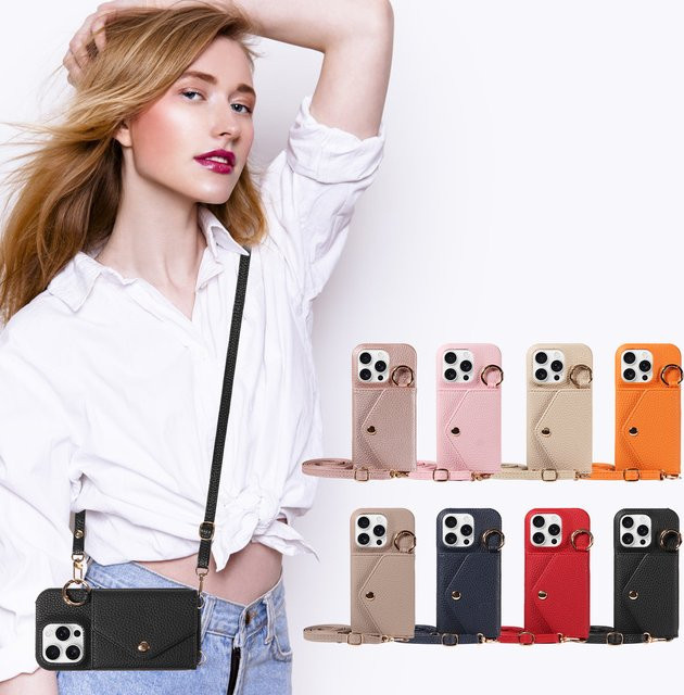 Crossbody Handyhülle aus PU-Leder für iPhone 16e 16 Pro Max 15 14 13 12 11 Pro Max Plus mit Spiegel, Anti-Drop und Anti-Entmagnetisierung, Farbe: Orange - Bild 1