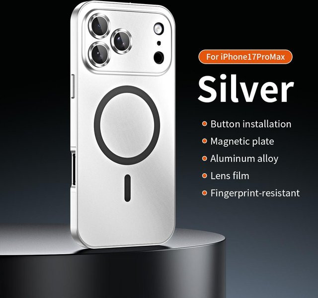 MagSafe kompatible Metall Schutzhülle für Apple iPhone 12 bis 17 Pro Max und 14 Plus mit Aluminiumrahmen und Objektivschutz in Silber - Bild 1